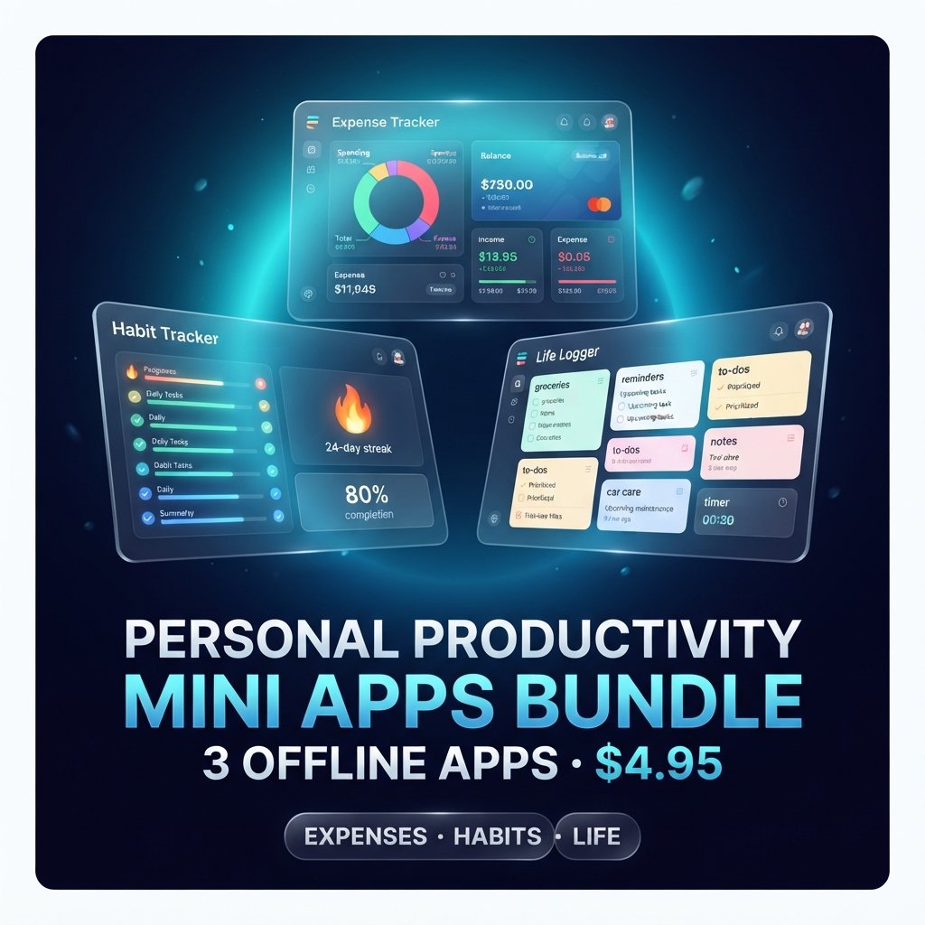 Personal Productivity Mini Apps Bundle cover showing Expense Tracker, Habit Tracker and Life Logger